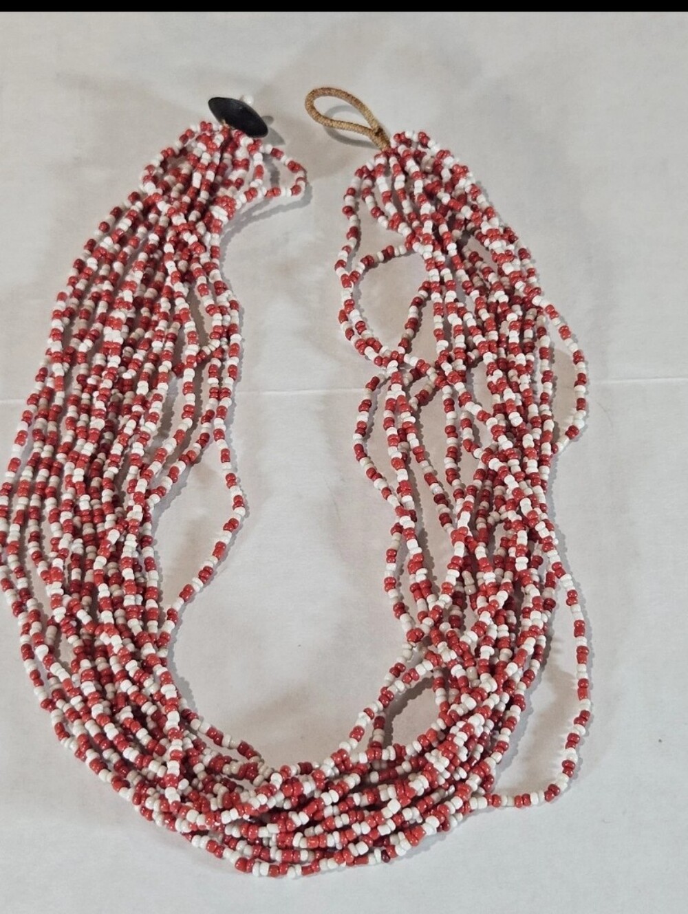 VTG Multi-strand Glass Bead Necklace 20" Red White Chunky Beachy Resort Vacay